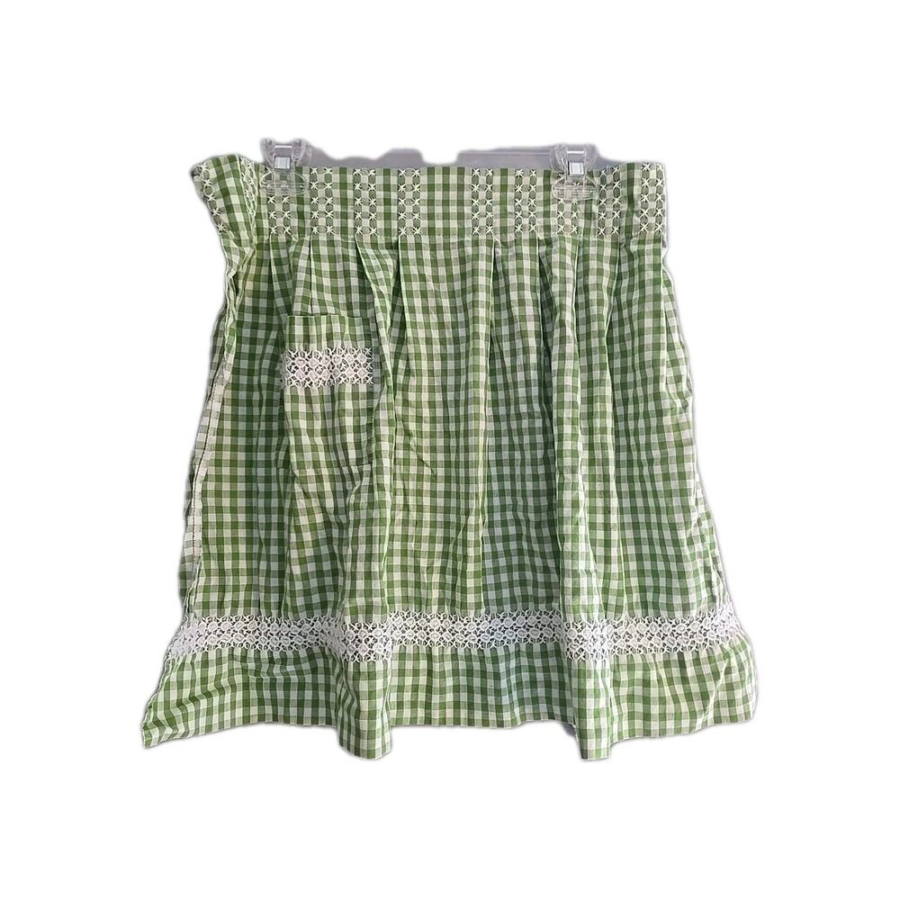 Vintage Green White Gingham Embroidered Grannycore Half Apron Womans One Size